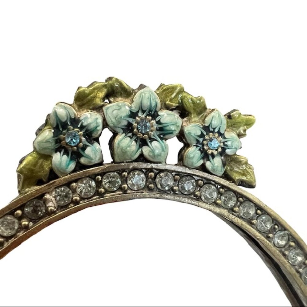 Vintage Brass Oval Vanity Makeup Desk Mirror, Enameled Metal Jeweled Tabletop - Picture 11 of 14